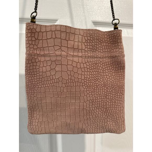 Free People Dusty Pink Suede Croc Embossed Crossbody Chain Strap Leather Bag - Picture 7 of 9